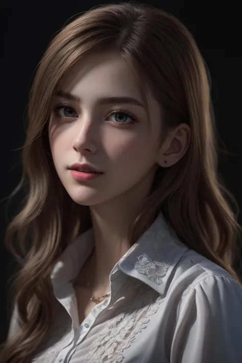 masterpiece, best quality, photorealistic, raw photo, 1girl, long hair, collared blouse, detailed skin, pore, depth of field, in the dark